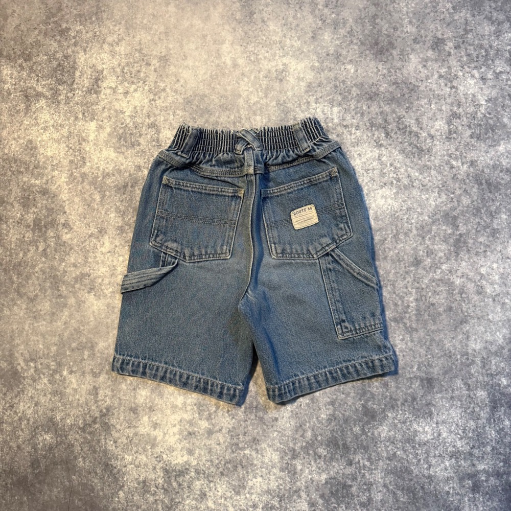 Vintage Route 66 Kids Blue Denim Carpenter Shorts Size 7 Elastic Waist